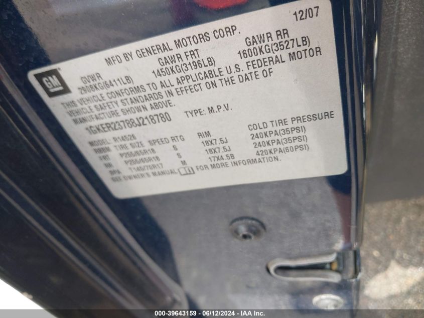 2008 GMC Acadia Slt-1 VIN: 1GKER23788J218780 Lot: 39643159