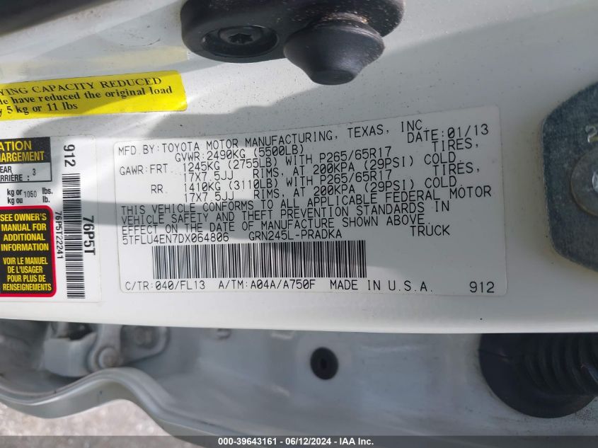 2013 Toyota Tacoma Base V6 VIN: 5TFLU4EN7DX064806 Lot: 39643161