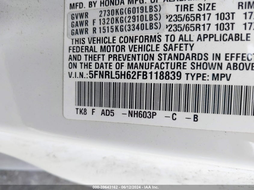 2015 Honda Odyssey Ex-L VIN: 5FNRL5H62FB118839 Lot: 39643162