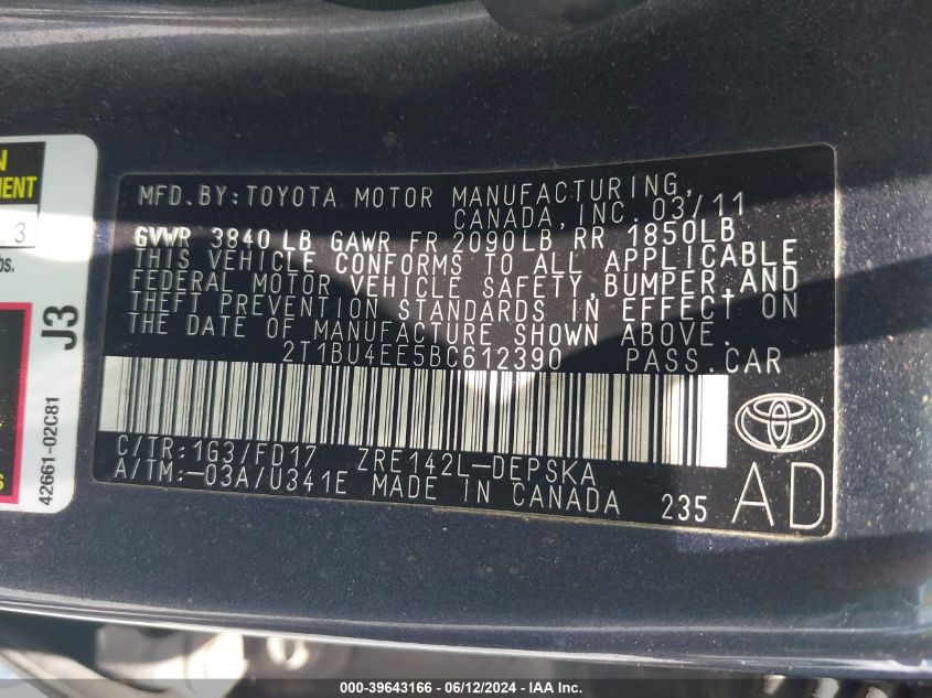 2011 Toyota Corolla S VIN: 2T1BU4EE5BC612390 Lot: 39643166