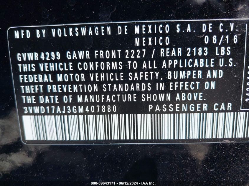 2016 Volkswagen Jetta 1.8T Sport VIN: 3VWD17AJ3GM407880 Lot: 39643171