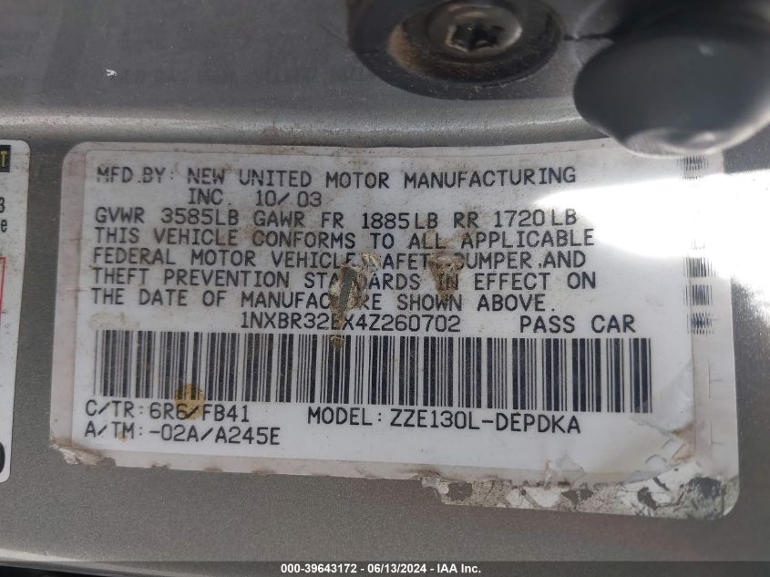 2004 Toyota Corolla Ce VIN: 1NXBR32EX4Z260702 Lot: 39643172