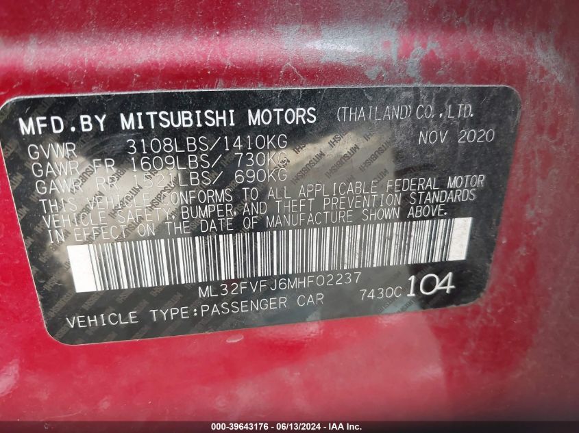 2021 Mitsubishi Mirage G4 Se VIN: ML32FVFJ6MHF0223 Lot: 39643176