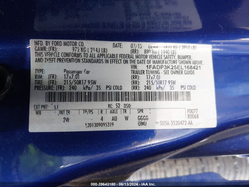 2014 Ford Focus Se VIN: 1FADP3K25EL168421 Lot: 39643180