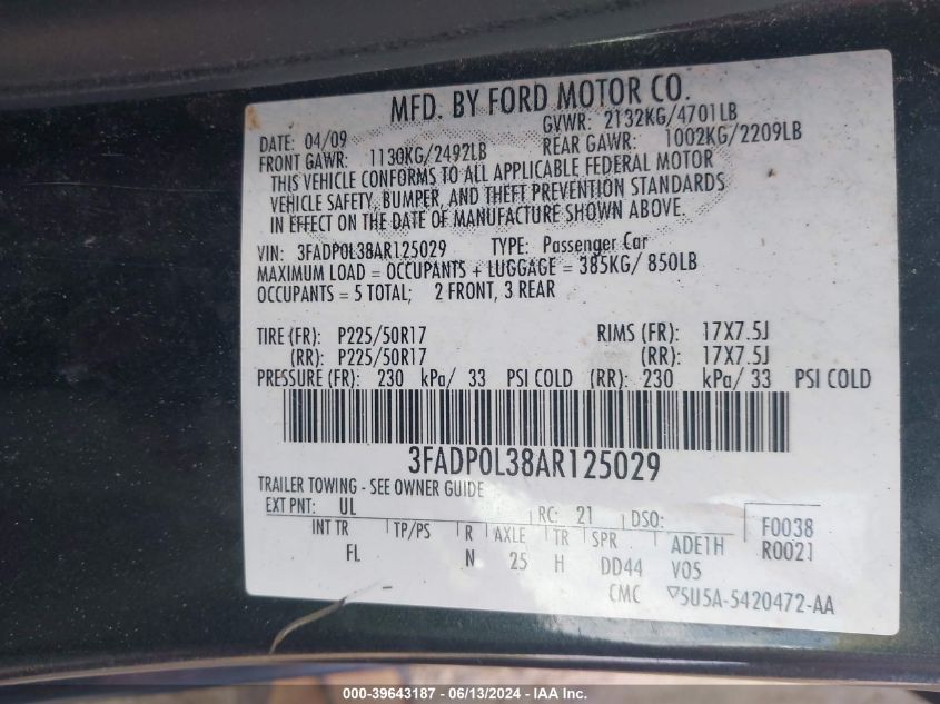 2010 Ford Fusion Hybrid VIN: 3FADP0L38AR125029 Lot: 39643187