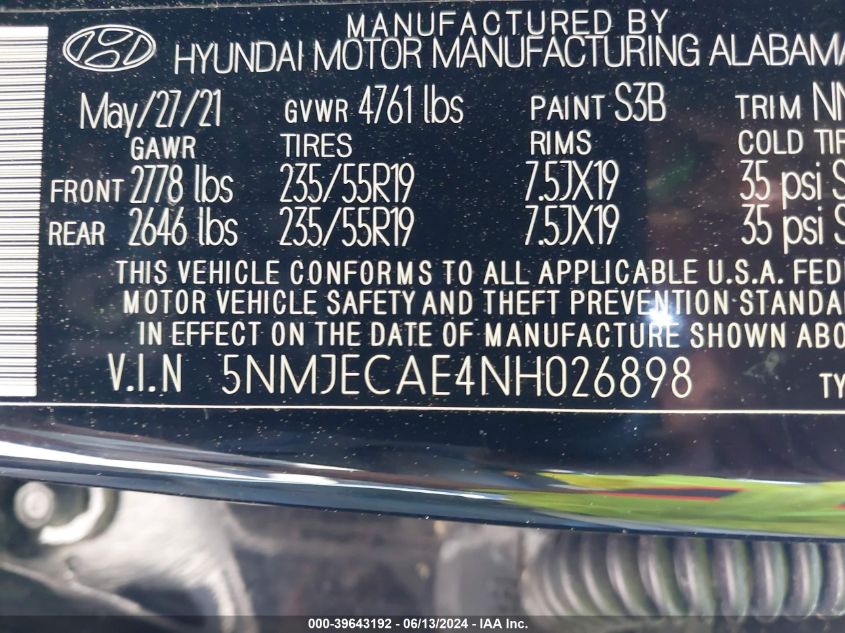 2022 Hyundai Tucson Limited VIN: 5NMJECAE4NH026898 Lot: 39643192