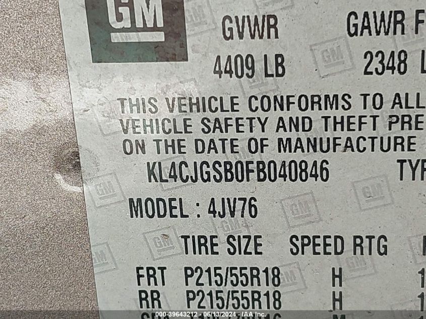 2015 Buick Encore Leather VIN: KL4CJGSB0FB040846 Lot: 39643212