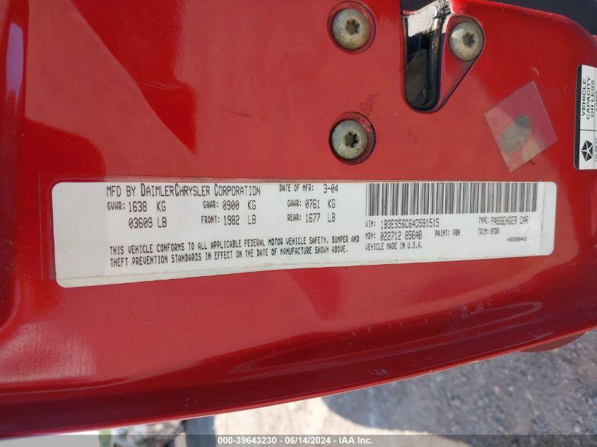 2004 Dodge Neon Sxt VIN: 1B3ES56C64D591515 Lot: 39643230