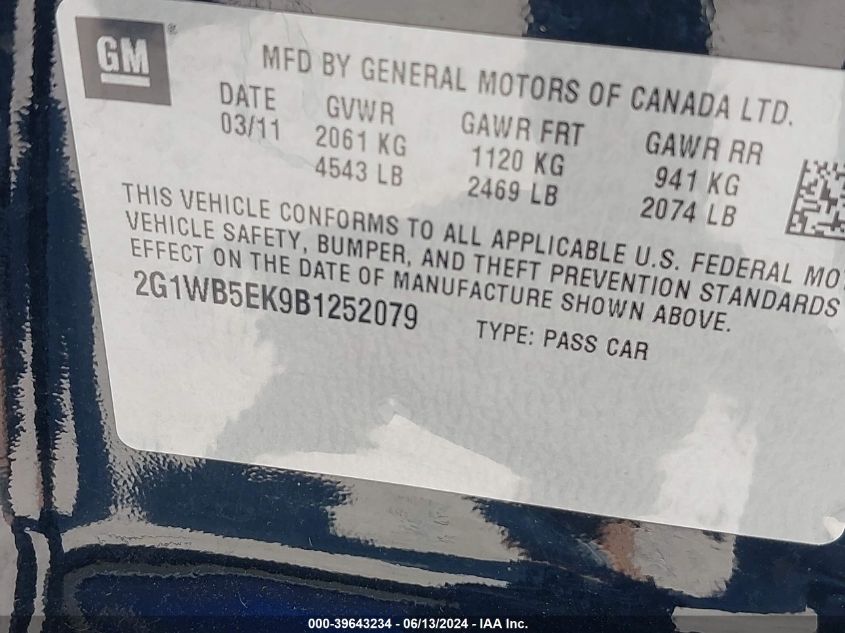 2011 Chevrolet Impala Lt VIN: 2G1WB5EK9B1252079 Lot: 39643234