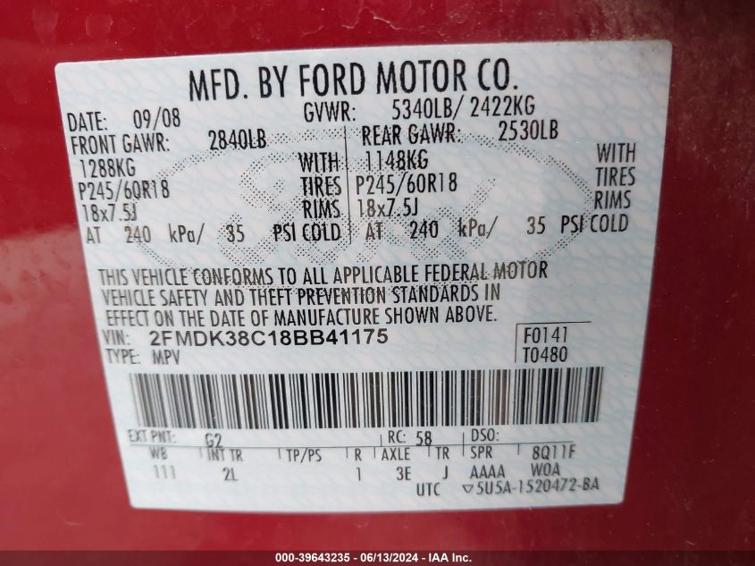 2008 Ford Edge Sel VIN: 2FMDK38C18BB41175 Lot: 39643235