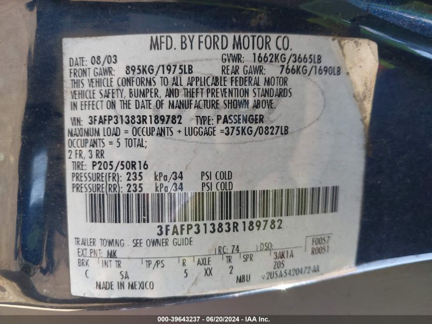 2003 Ford Focus Zx3 VIN: 3FAFP31383R189782 Lot: 39643237