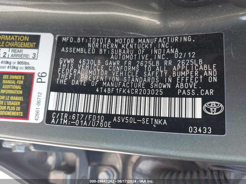 2012 Toyota Camry Le VIN: 4T4BF1FK4CR203025 Lot: 39643242