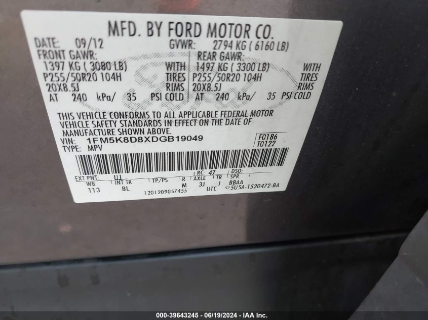 2013 Ford Explorer Xlt VIN: 1FM5K8D8XDGB19049 Lot: 39643245