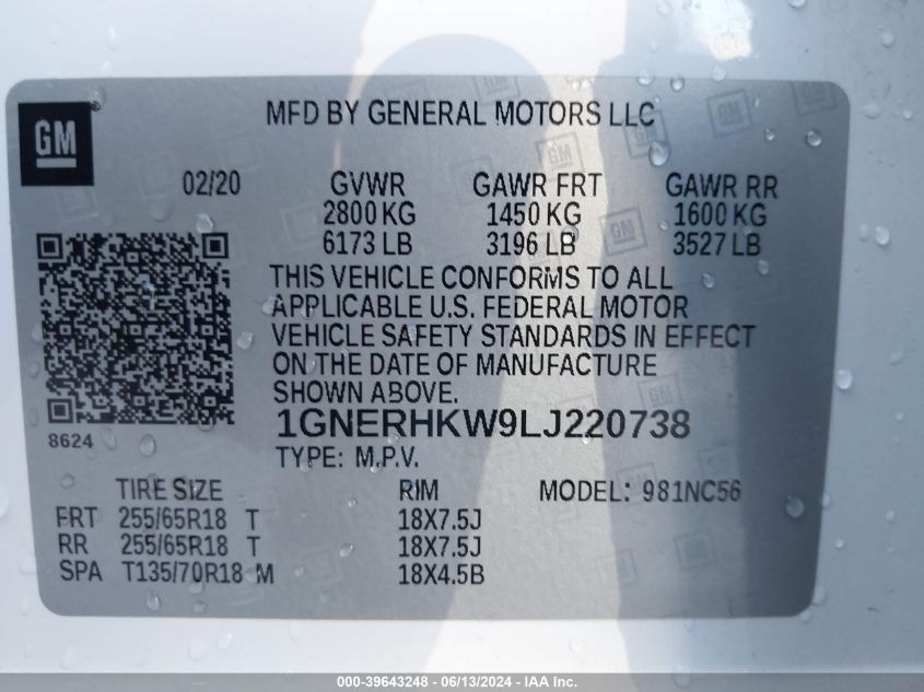 2020 Chevrolet Traverse Fwd Lt Leather VIN: 1GNERHKW9LJ220738 Lot: 39643248