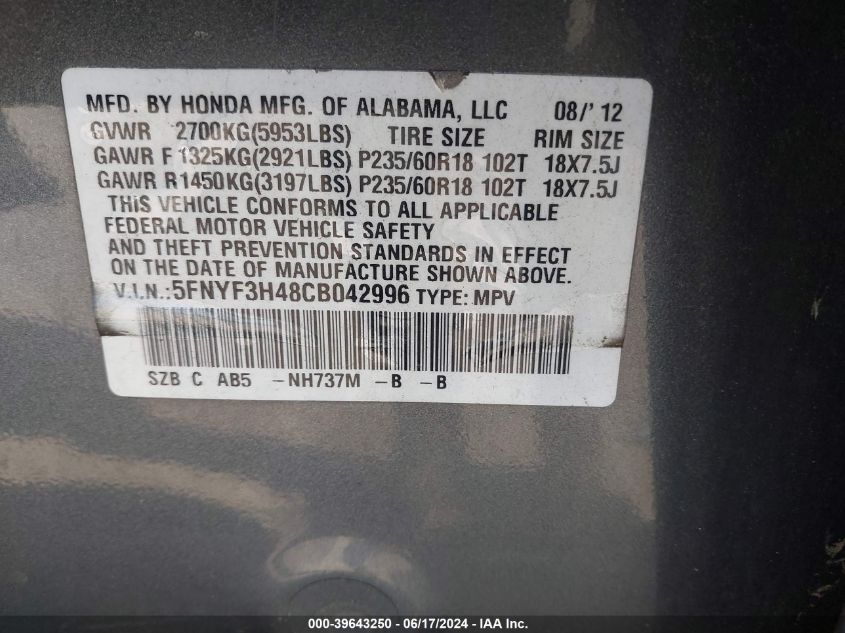 2012 Honda Pilot Ex VIN: 5FNYF3H48CB042996 Lot: 39643250