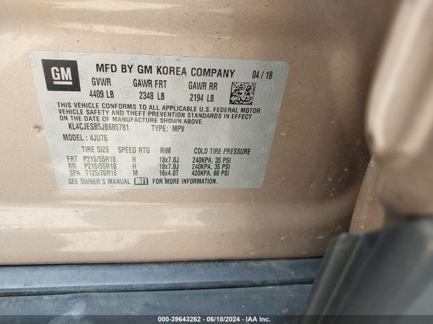 2018 Buick Encore Preferred VIN: KL4CJESB5JB685781 Lot: 39643262