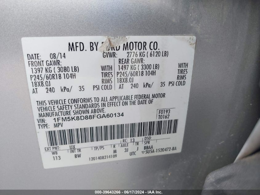 2015 Ford Explorer Xlt VIN: 1FM5K8D88FGA60134 Lot: 39643266