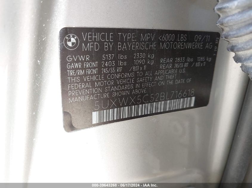 2011 BMW X3 xDrive28I VIN: 5UXWX5C52BL716618 Lot: 39643268