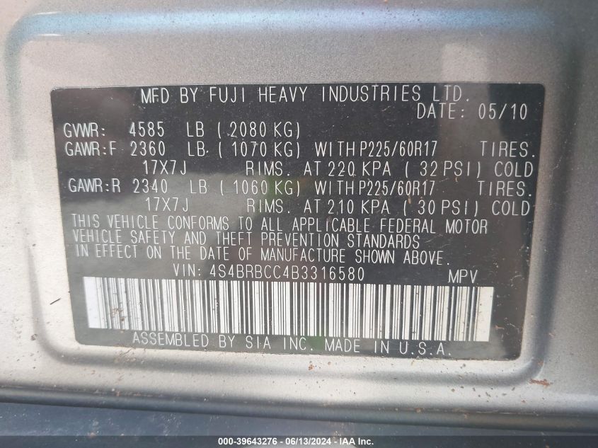 2011 Subaru Outback 2.5I Premium VIN: 4S4BRBCC4B3316580 Lot: 39643276