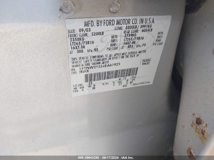 2004 Ford F-250 Lariat/Xl/Xlt VIN: 1FTNW21S54EA61935 Lot: 39643280