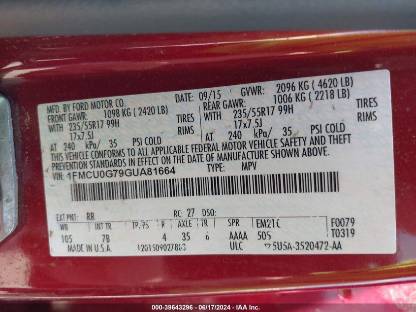 2016 Ford Escape Se VIN: 1FMCU0G79GUA81664 Lot: 39643296