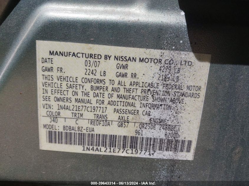2007 Nissan Altima 2.5 S VIN: 1N4AL21E77C197717 Lot: 39643314