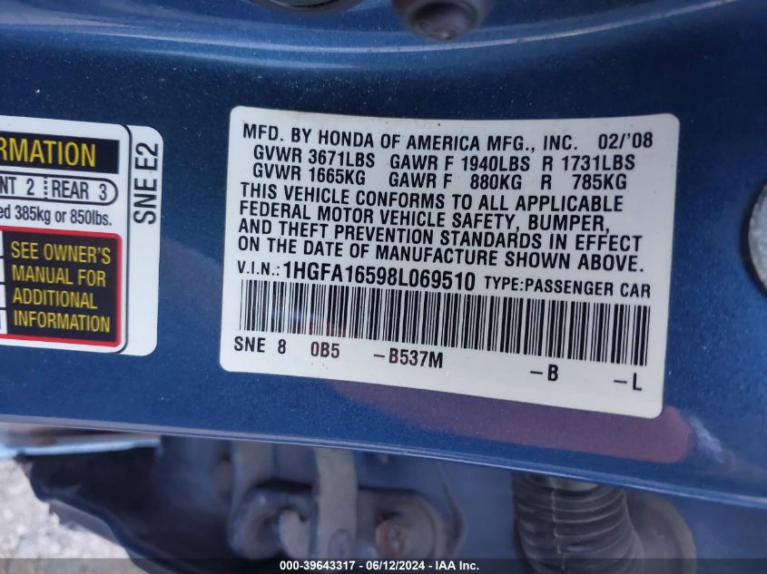 2008 Honda Civic Lx VIN: 1HGFA16598L069510 Lot: 39643317