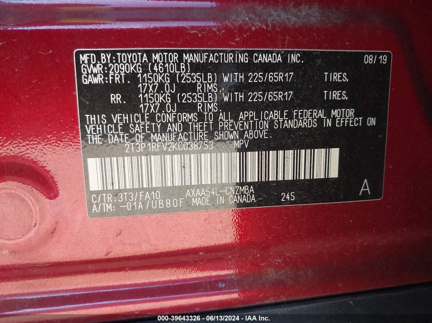 2019 TOYOTA RAV4 XLE - 2T3P1RFV2KC038753