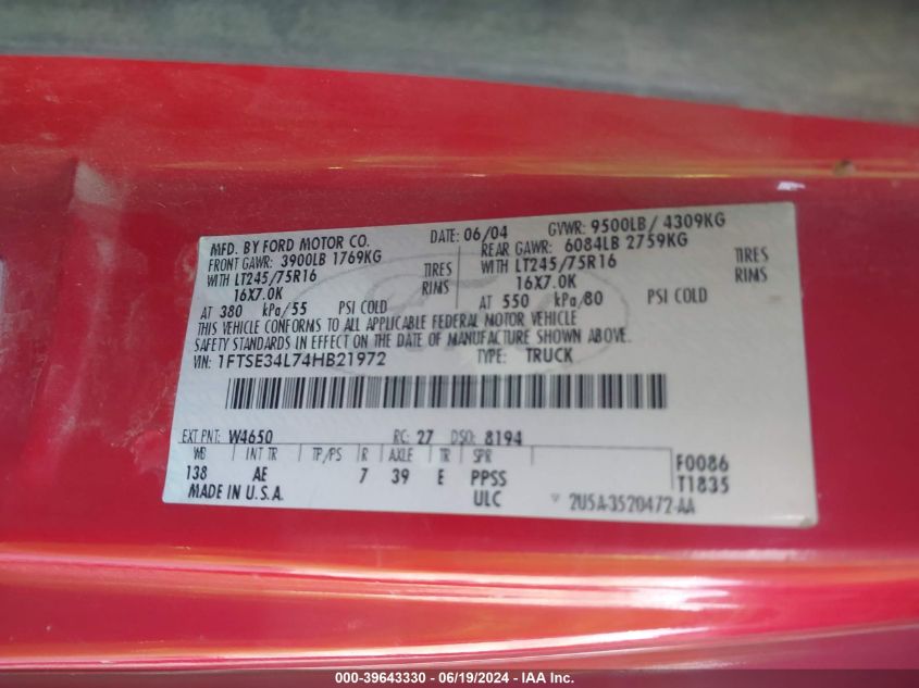 2004 Ford Econoline E350 Super Duty Van VIN: 1FTSE34L74HB21972 Lot: 39643330