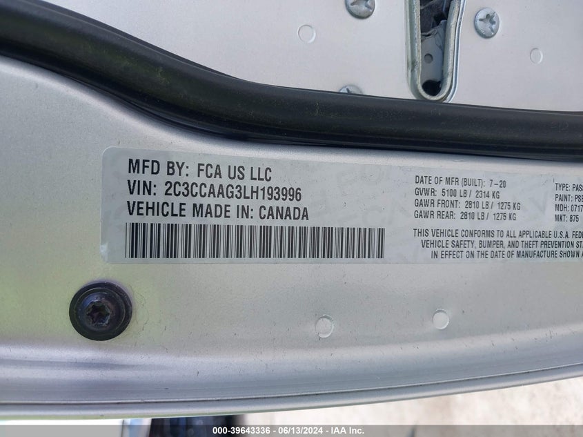 VIN 2C3CCAAG3LH193996 2020 CHRYSLER 300 TOURING