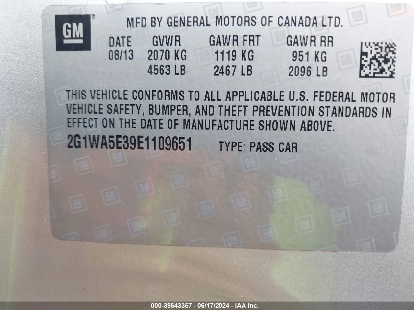 2014 Chevrolet Impala Limited Ls VIN: 2G1WA5E39E1109651 Lot: 39643357