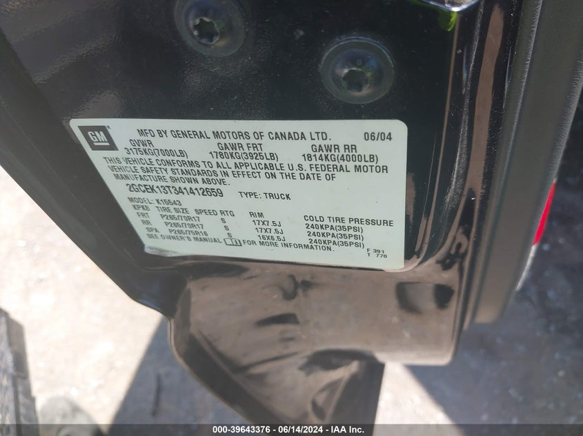 2004 Chevrolet Silverado 1500 Ls VIN: 2GCEK13T341412659 Lot: 39643376