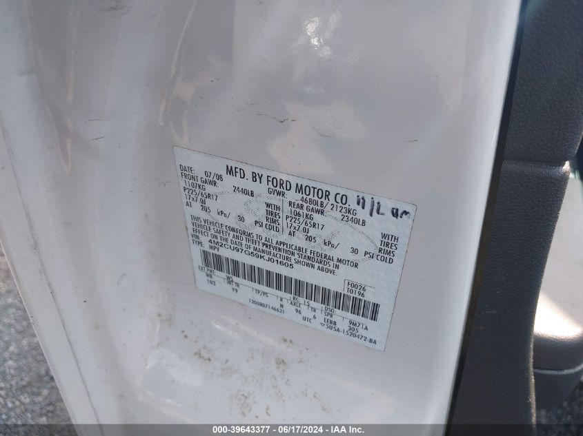 2009 Mercury Mariner Premier V6 VIN: 4M2CU97G59KJ01605 Lot: 39643377