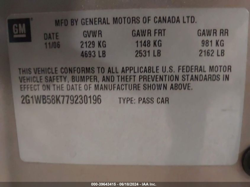 2007 Chevrolet Impala Ls VIN: 2G1WB58K779230196 Lot: 39643415