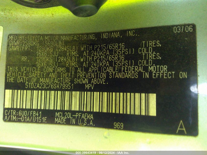 2006 Toyota Sienna Ce VIN: 5TDZA23C76S479951 Lot: 39643419