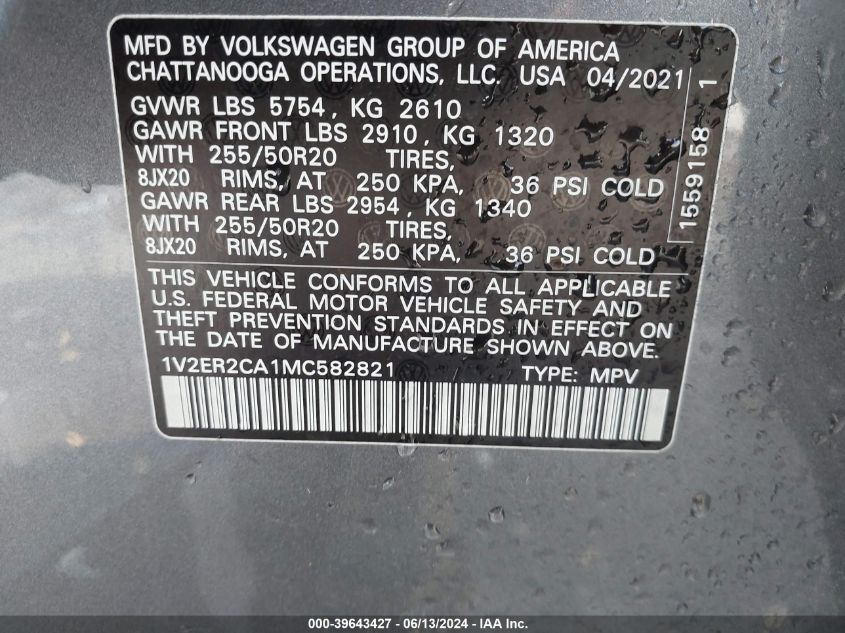 2021 Volkswagen Atlas 3.6L V6 Sel VIN: 1V2ER2CA1MC582821 Lot: 39643427