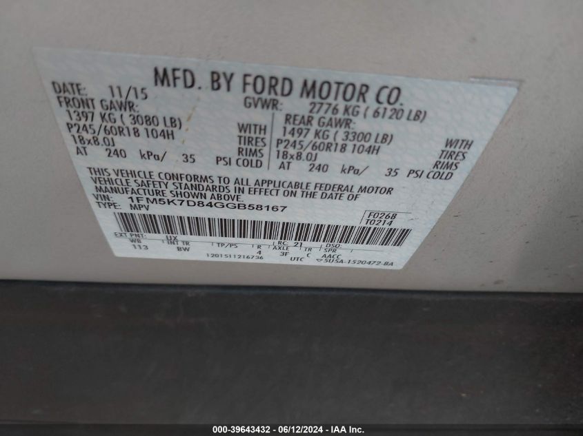 2016 Ford Explorer Xlt VIN: 1FM5K7D84GGB58167 Lot: 39643432