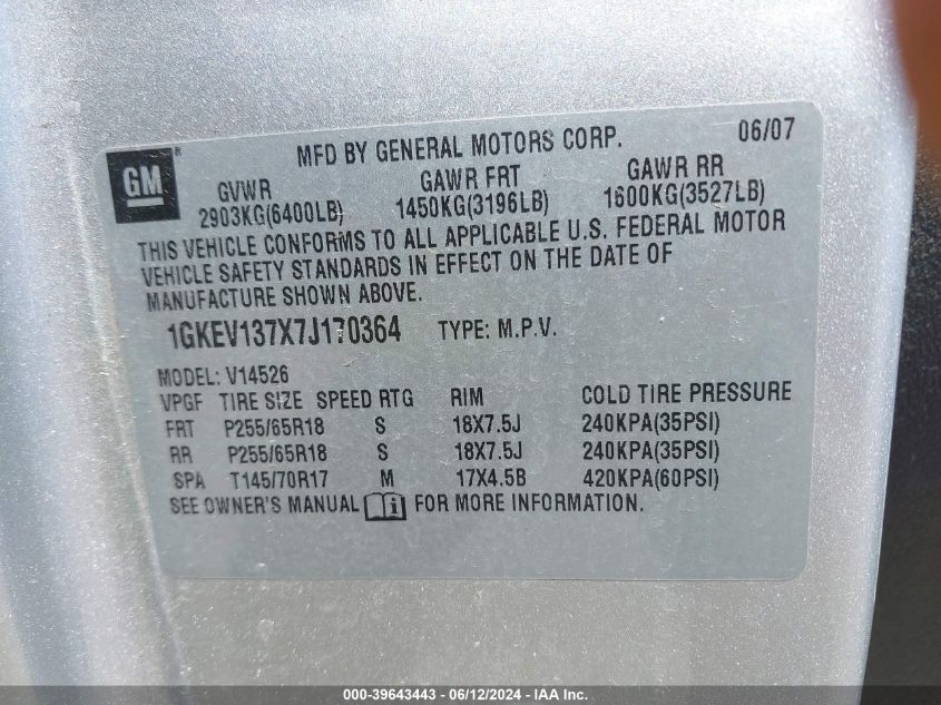 2007 GMC Acadia Sle-1 VIN: 1GKEV137X7J170364 Lot: 39643443