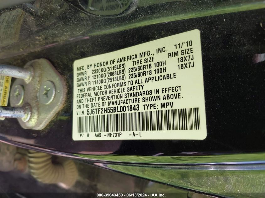 2011 Honda Accord Crosstour Ex-L VIN: 5J6TF2H55BL001843 Lot: 39643459