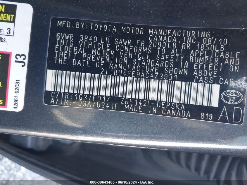 2010 Toyota Corolla S VIN: 2T1BU4EE9AC473931 Lot: 39643465