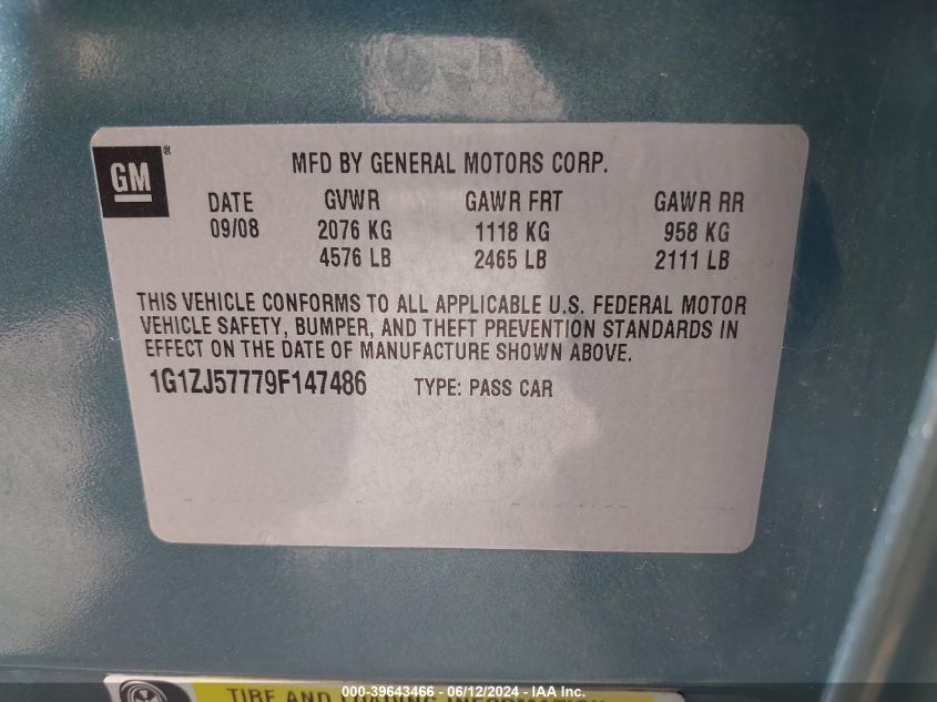 2009 Chevrolet Malibu Lt VIN: 1G1ZJ57779F147486 Lot: 39643466