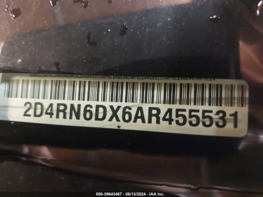 2010 Dodge Grand Caravan Crew VIN: 2D4RN6DX6AR455531 Lot: 39643467