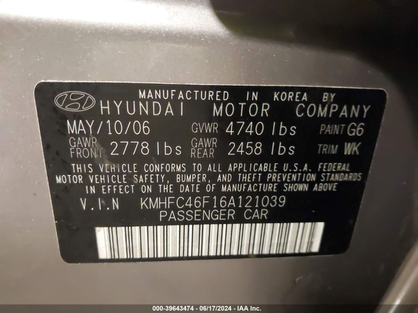 2006 Hyundai Azera VIN: KMHFC46F16A121039 Lot: 39643474