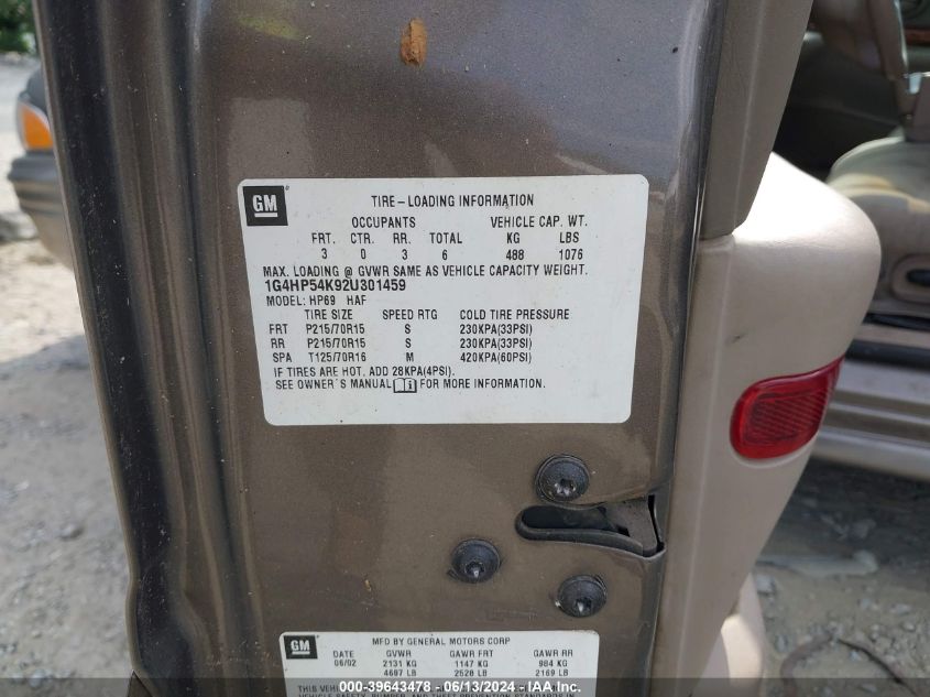 2002 Buick Lesabre Custom VIN: 1G4HP54K92U301459 Lot: 39643478