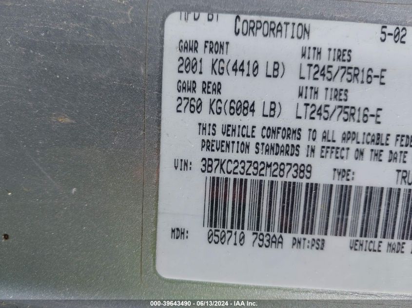 2002 Dodge Ram 2500 St VIN: 3B7KC23Z92M287389 Lot: 39643490