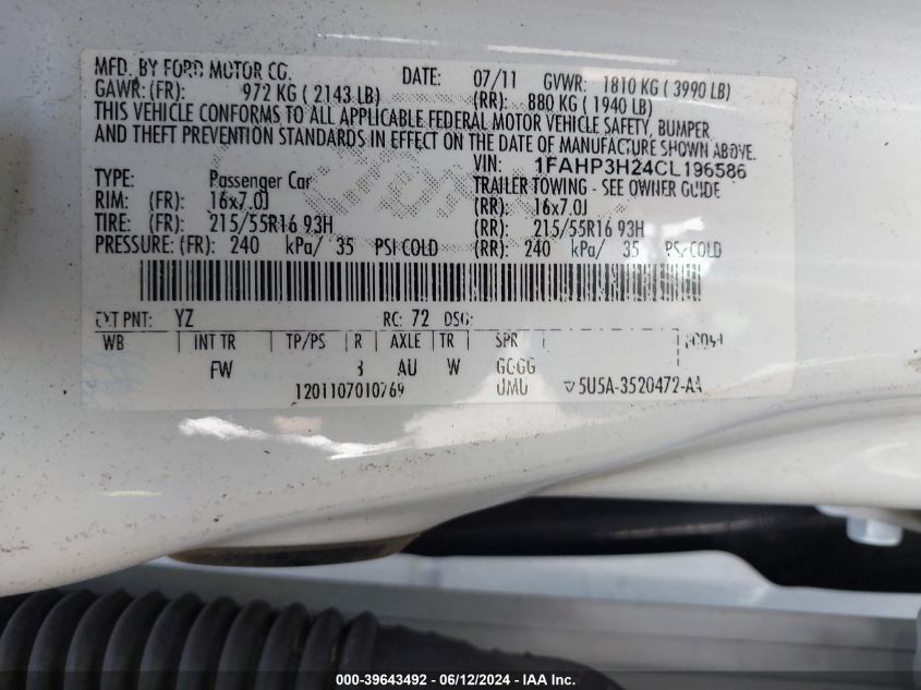 2012 Ford Focus Sel VIN: 1FAHP3H24CL196586 Lot: 39643492