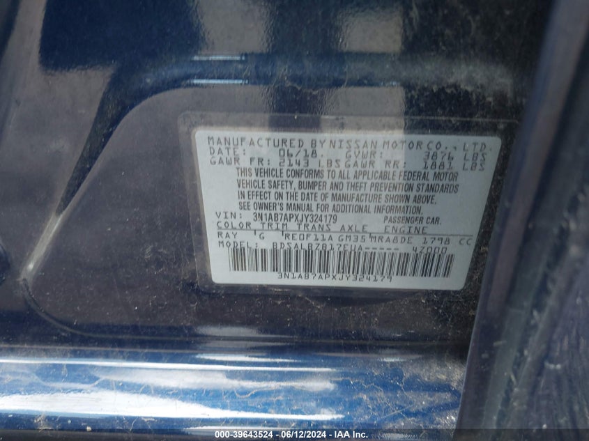 2018 Nissan Sentra S VIN: 3N1AB7APXJY324179 Lot: 39643524