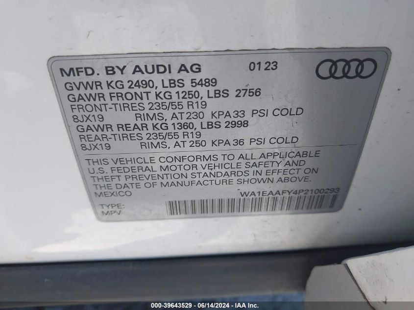 2023 Audi Q5 Premium Plus 45 Tfsi S Line Quattro VIN: WA1EAAFY4P2100293 Lot: 39643529