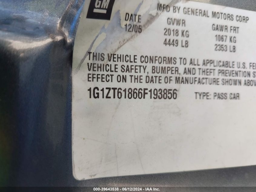 2006 Chevrolet Malibu Maxx Lt VIN: 1G1ZT61866F193856 Lot: 39643538
