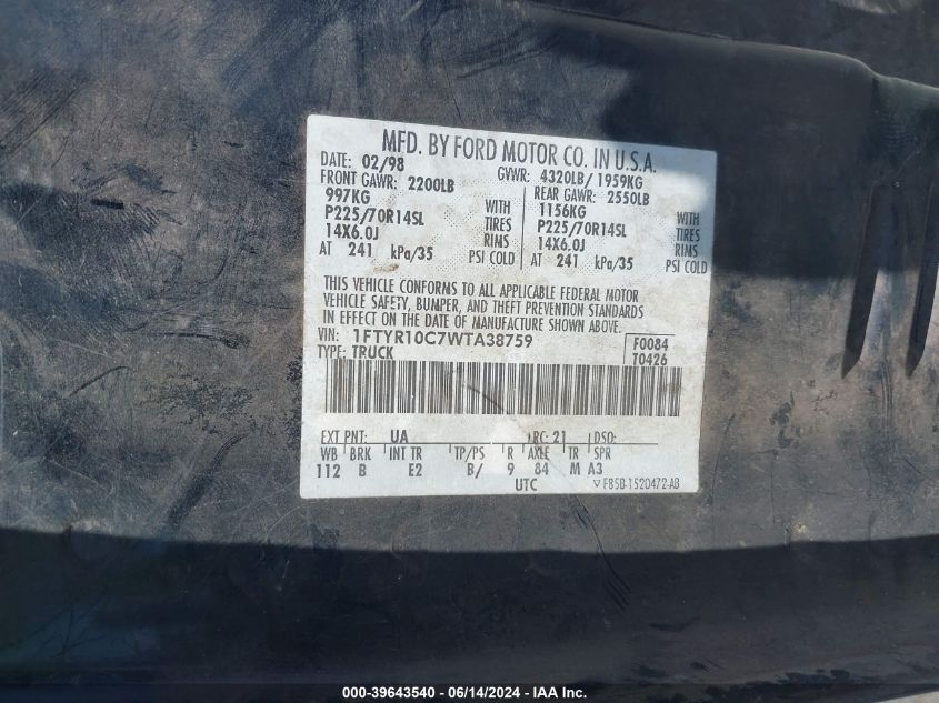 1998 Ford Ranger Splash/Xl/Xlt VIN: 1FTYR10C7WTA38759 Lot: 39643540